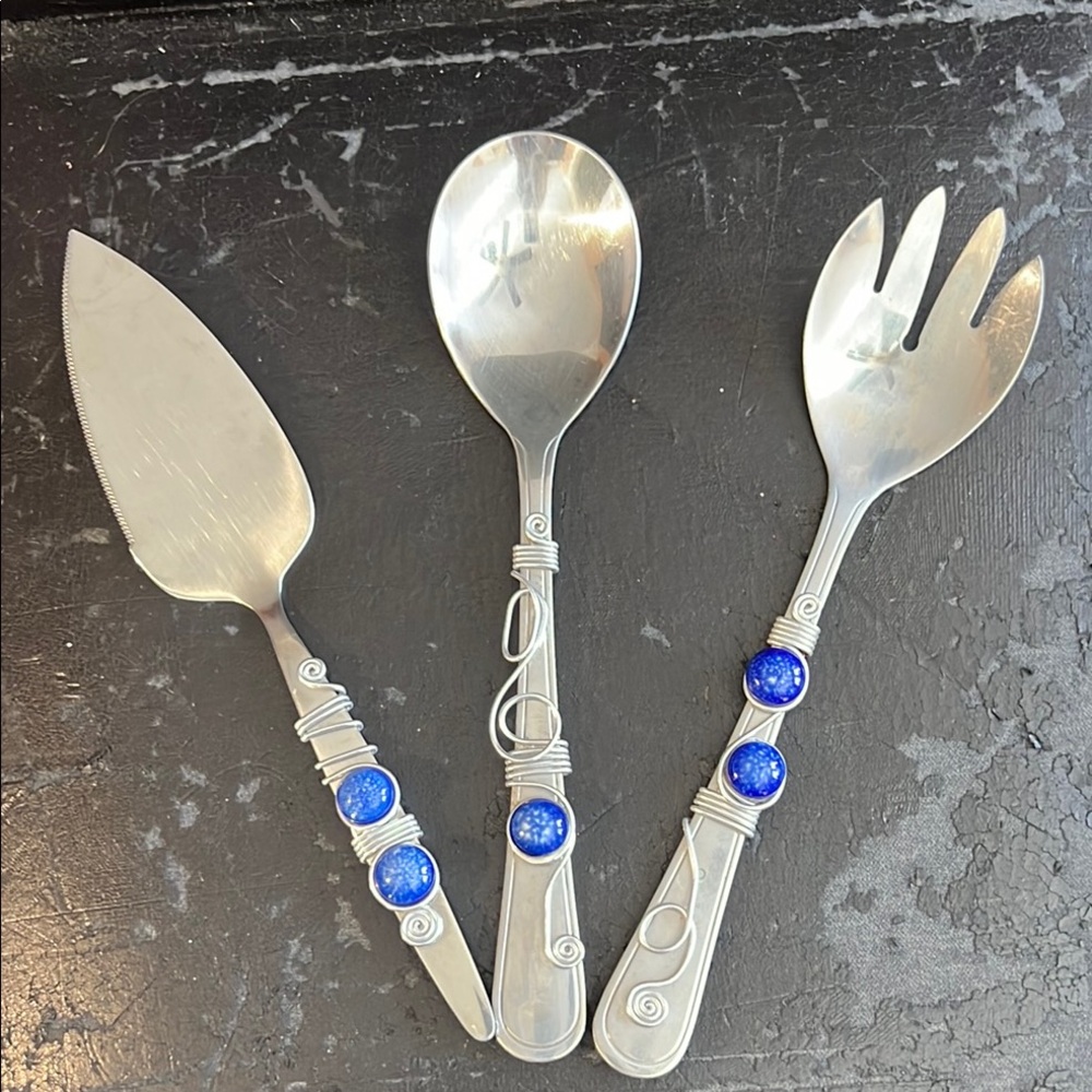 Beaded Serving Set Large Fork, Spoon and Cake Knife‎ Blue Stones
